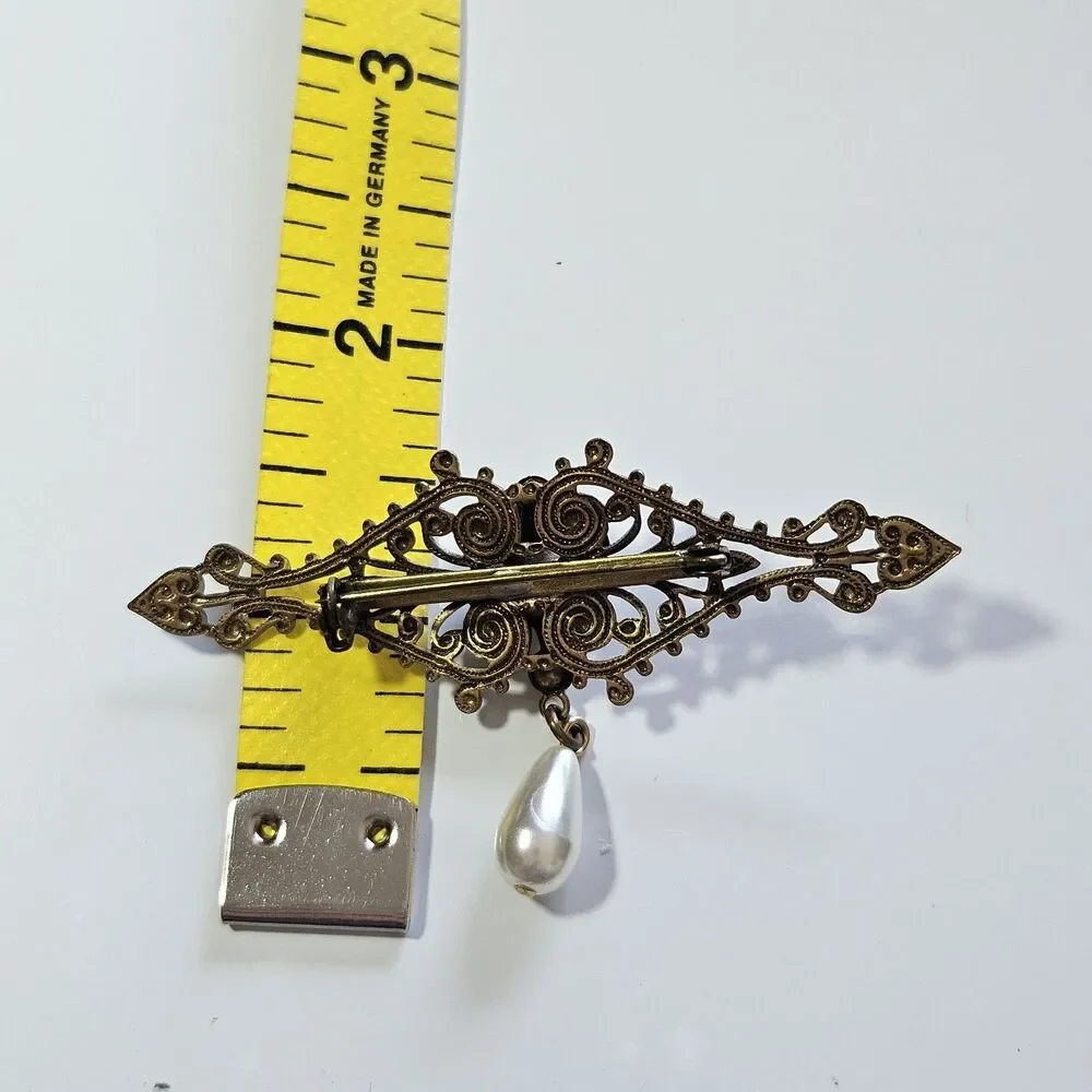Vintage Victorian Style Filigree & Pearls Pearl Drop Brooch Gilded Brass Metal